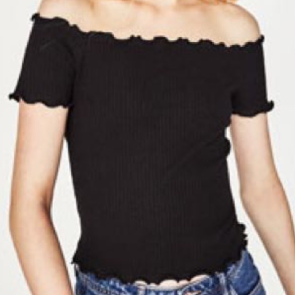Zara Black Off the Shoulder Lettuce Edge Top